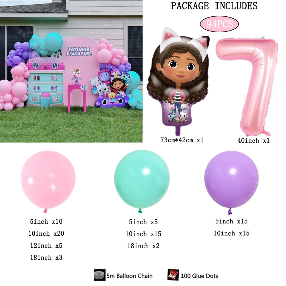 94pcs Gabby Dollhouse Cats theme Balloon 40inch 1-9th Kids Birthday Party
