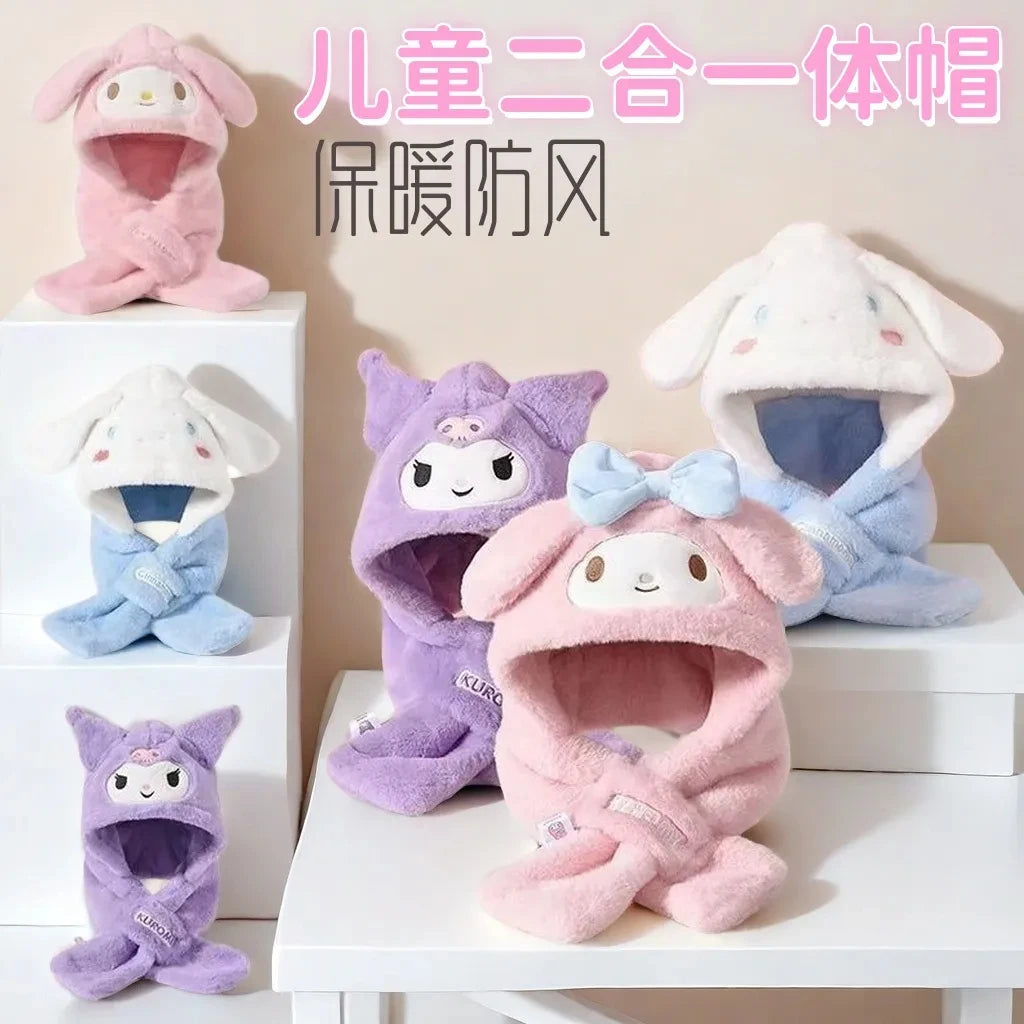 Cute winter hat with integrated neck scarf and ear protection, thick, warm, and perfect gift for kids.