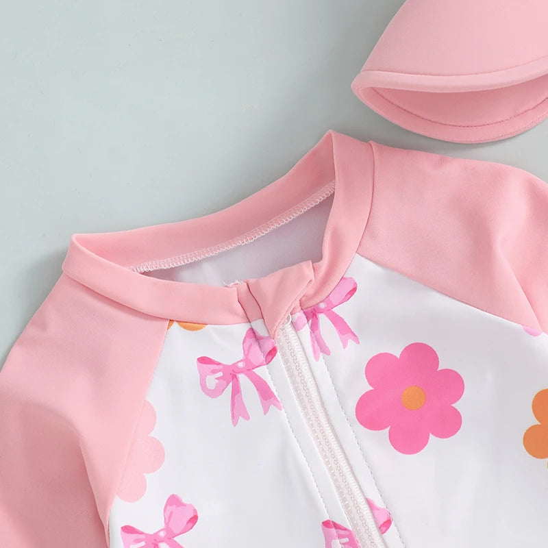 Toddler Girl Long Sleeve Swimsuite with Sunhat Set