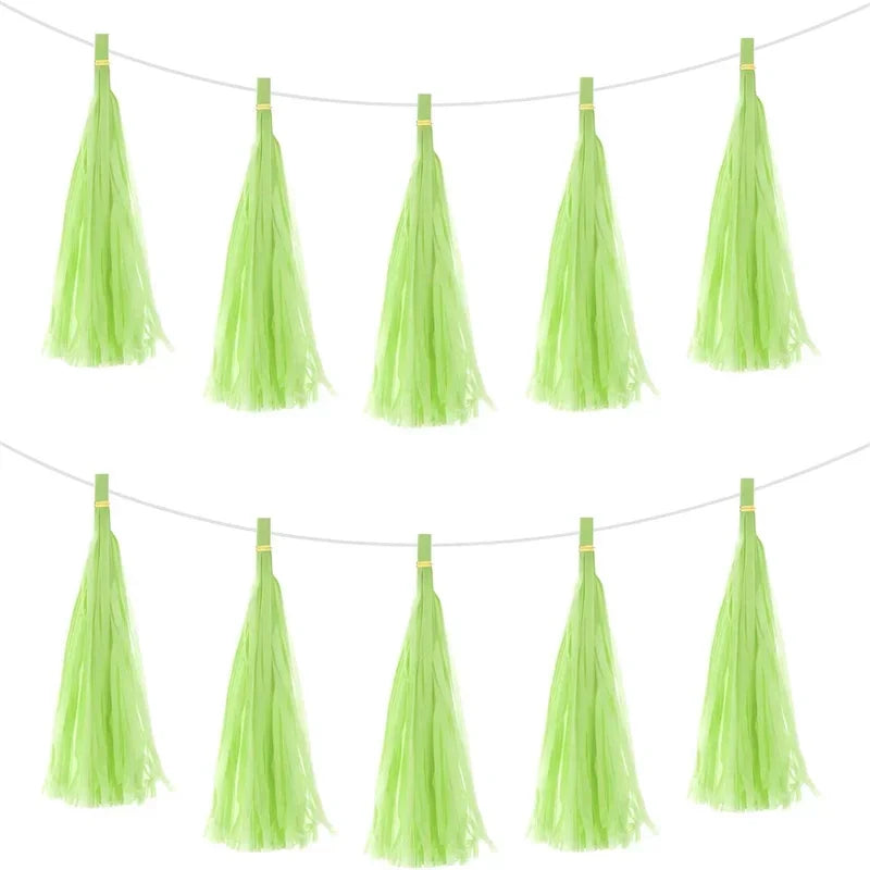 Pastel macaron balloons with paper tassel garland for parties and celebrations.