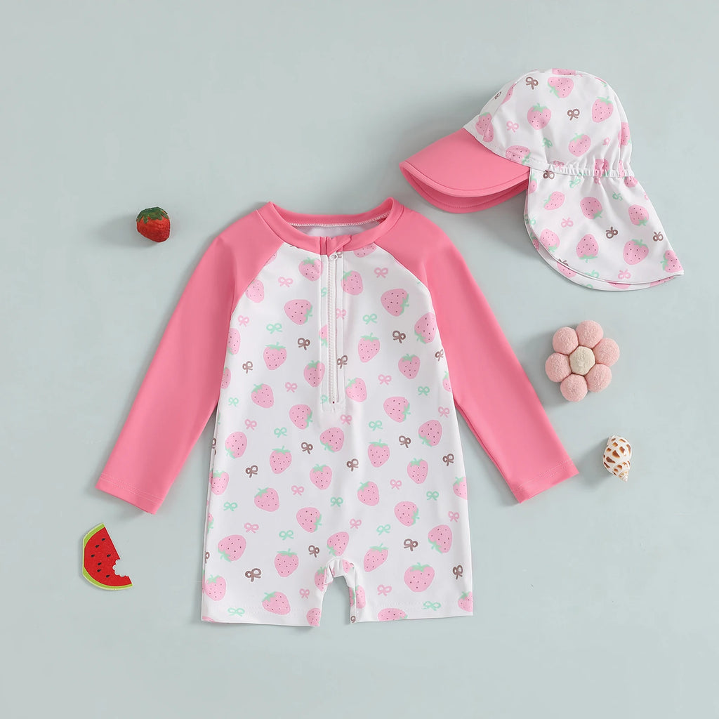 Toddler Girl Long Sleeve Swimsuite with Sunhat Set