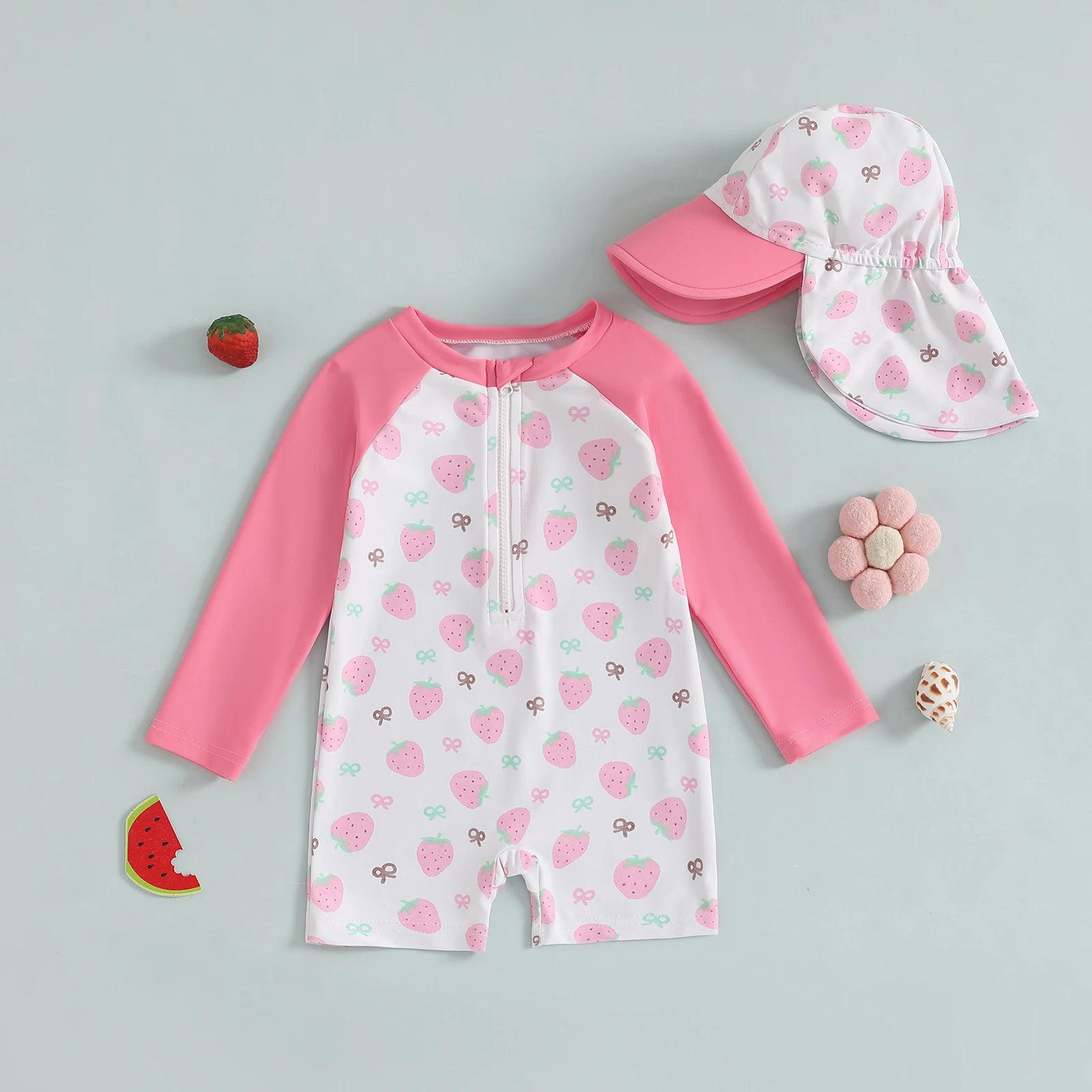 Toddler Girl Long Sleeve Swimsuite with Sunhat Set