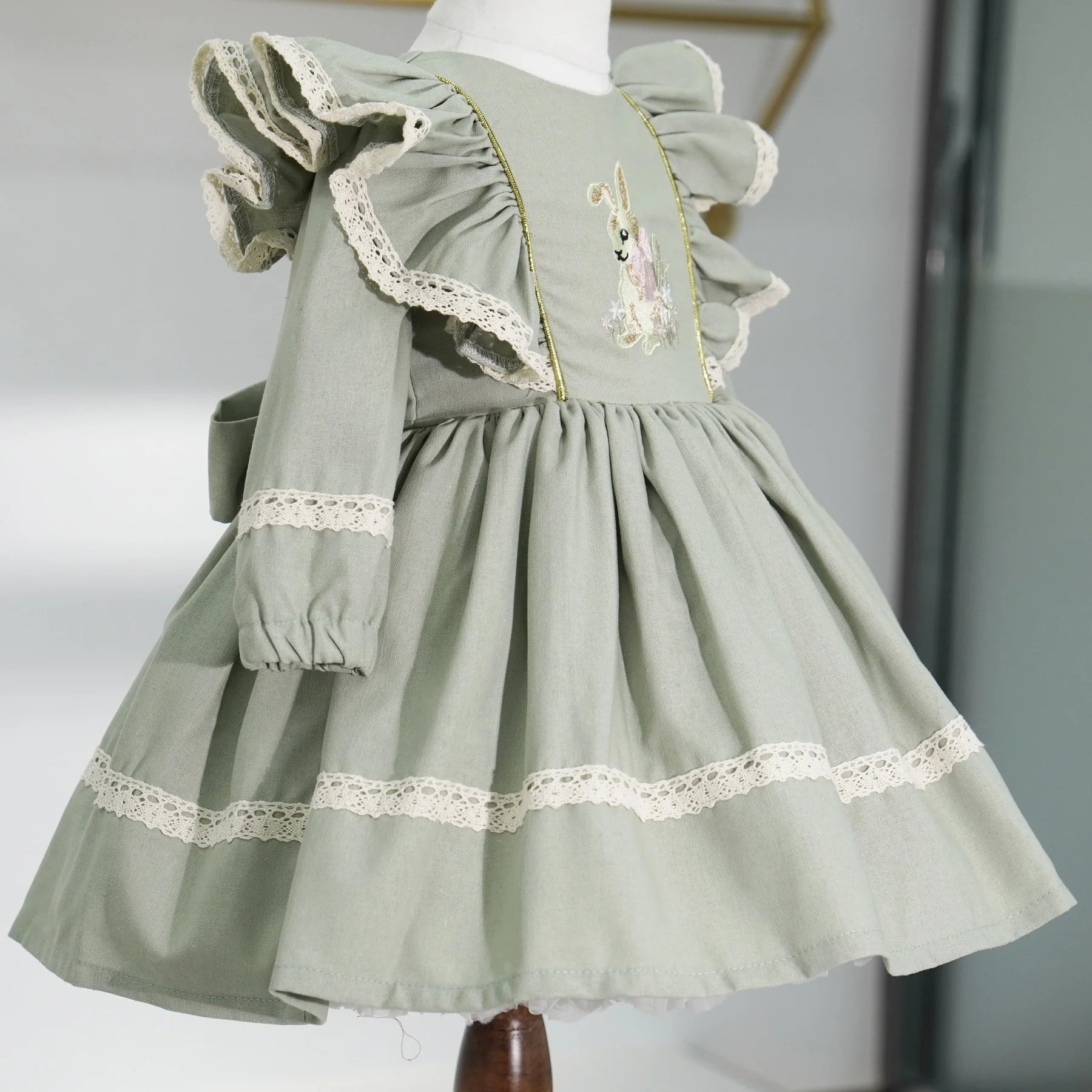 Baby Girl Green Rabbit Embroidered Princess Dress , Elegant princess style for spring & summer