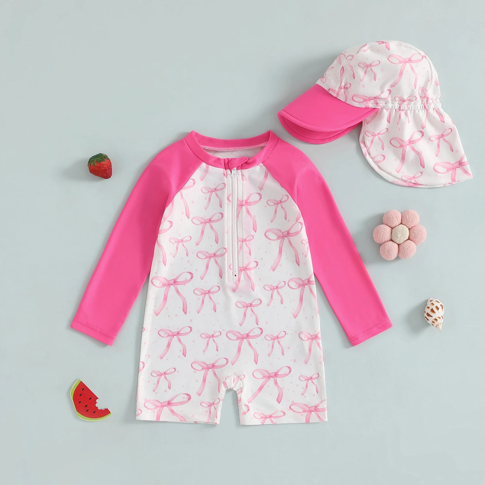 Toddler Girl Long Sleeve Swimsuite with Sunhat Set