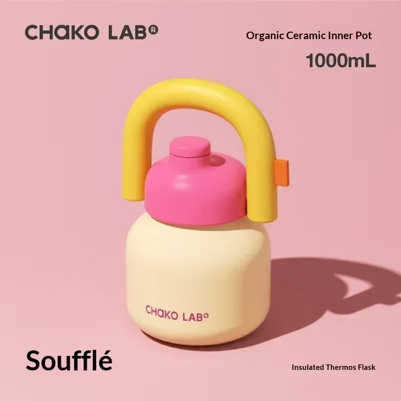 Chakolab 1000ML Large Capacity Thermos Cup With Cold Straw Stainless Steel Inner Pot Kettle Portable Travel Mugs