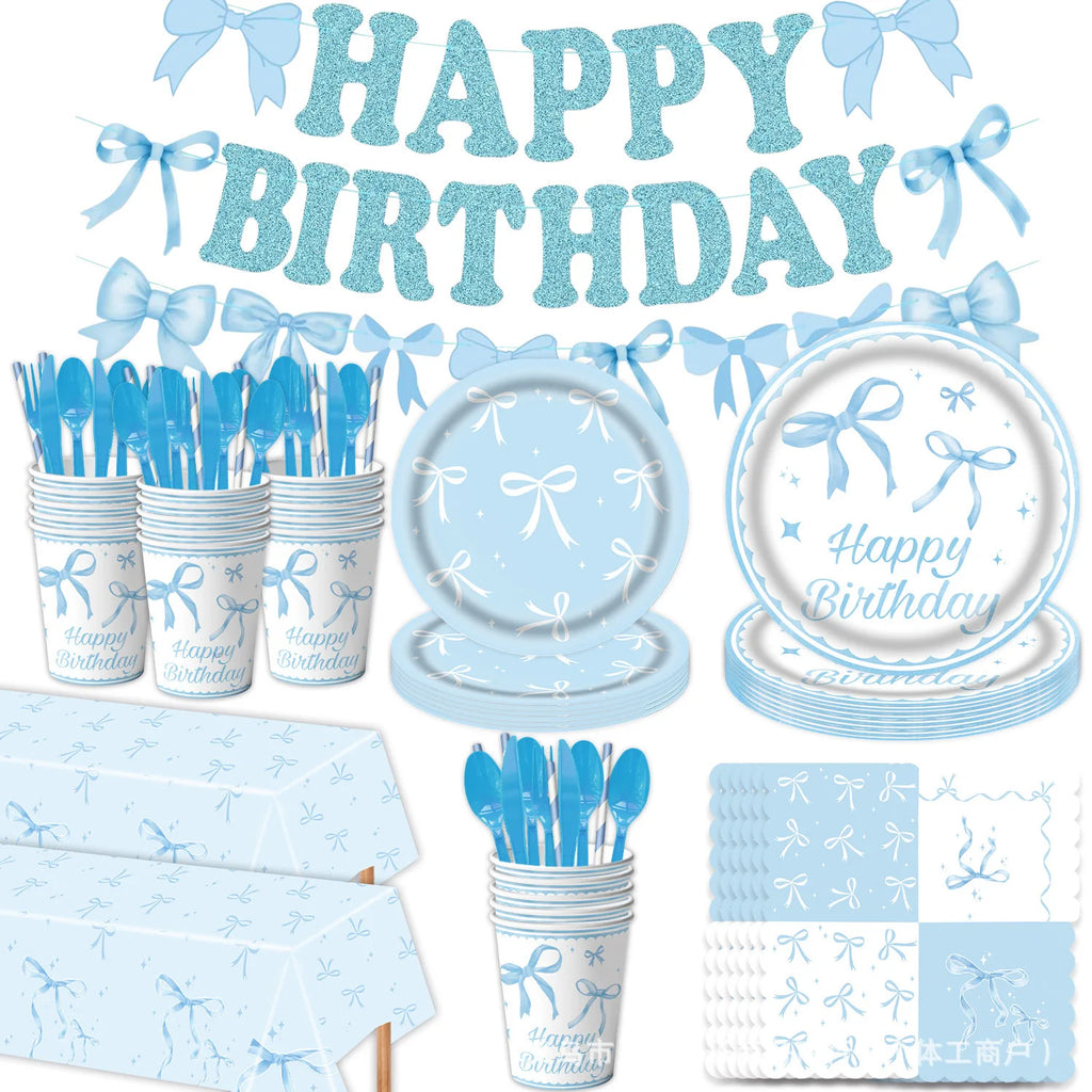 Blue bow disposable cutlery party decoration birthday dinner plate towels paper cups Happy Birthday Banner supplies