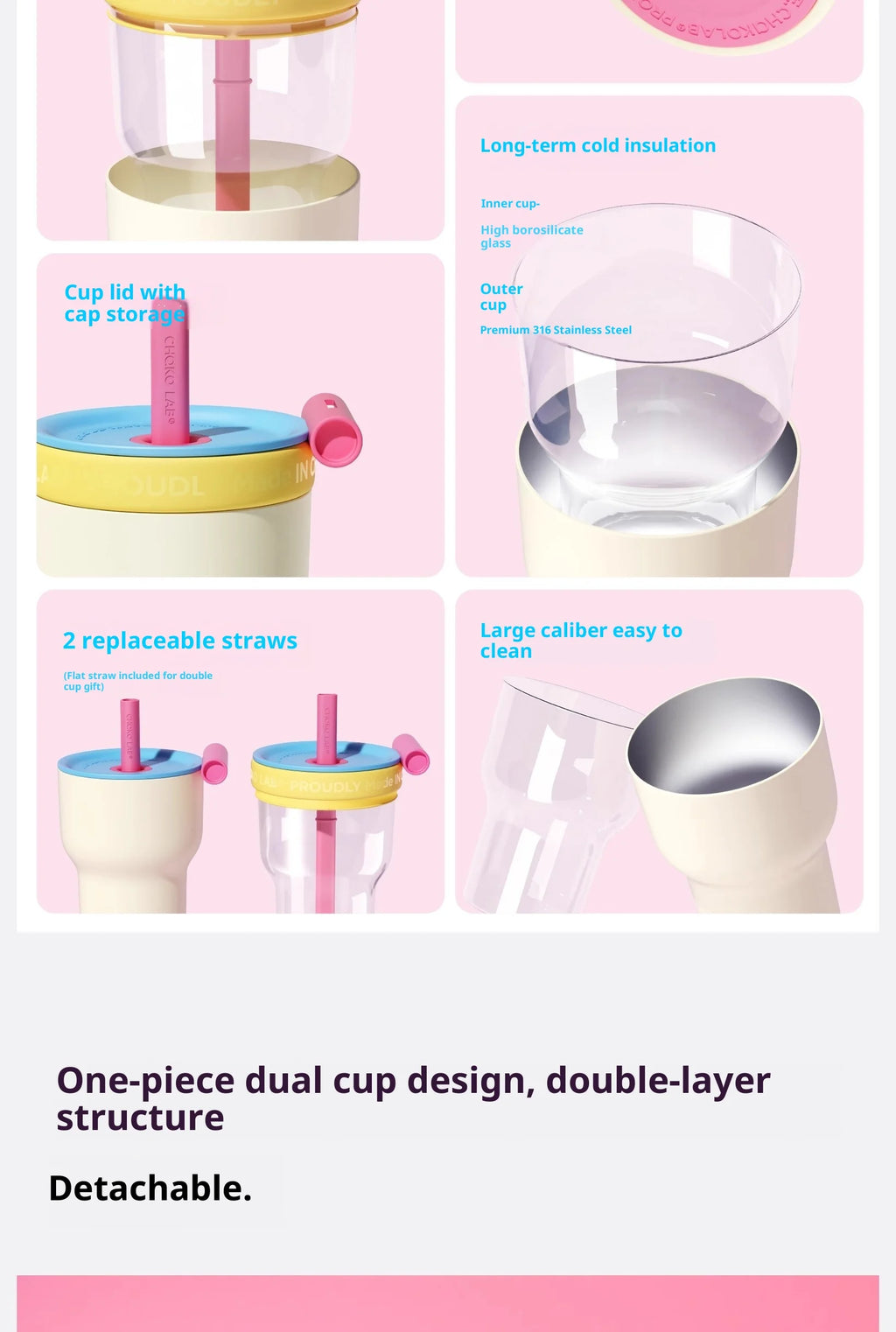 Chakolab Large Capacity Dual Enjoyment Cup High Aesthetic Coffee Cup Portable Detachable Winter Insulated Cup Water glass