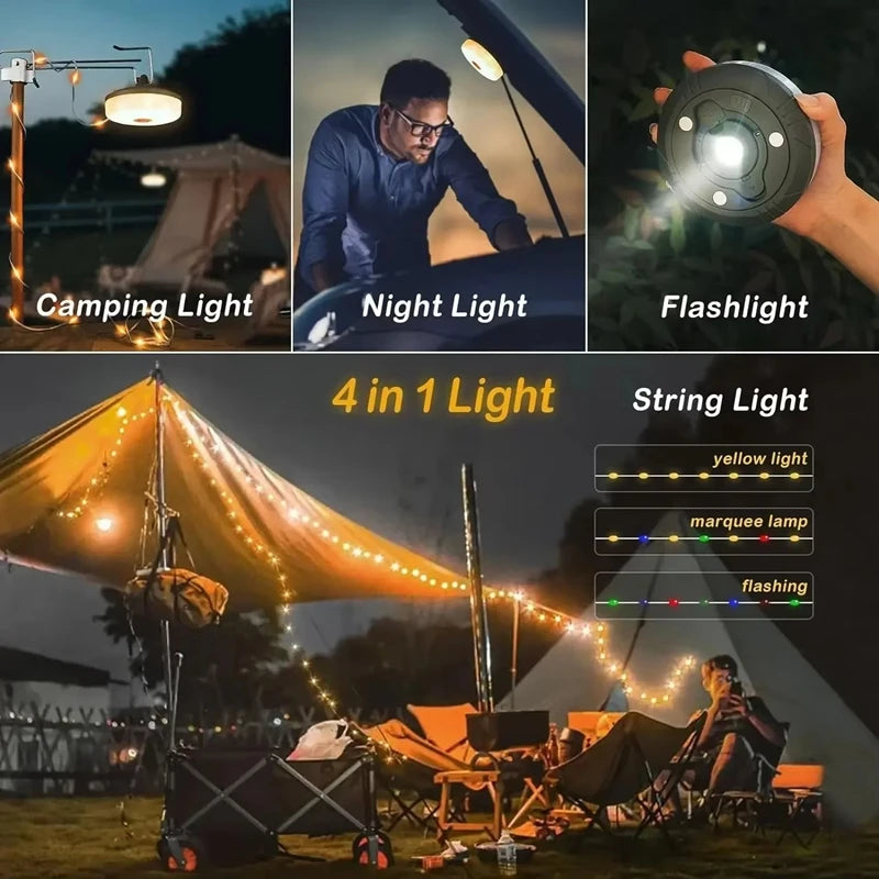 Multifunctional 4 in 1 Design Camping Light String USB Rechargeable Outdoor Tent Decor Light LED Flashlight with Magnet Hook