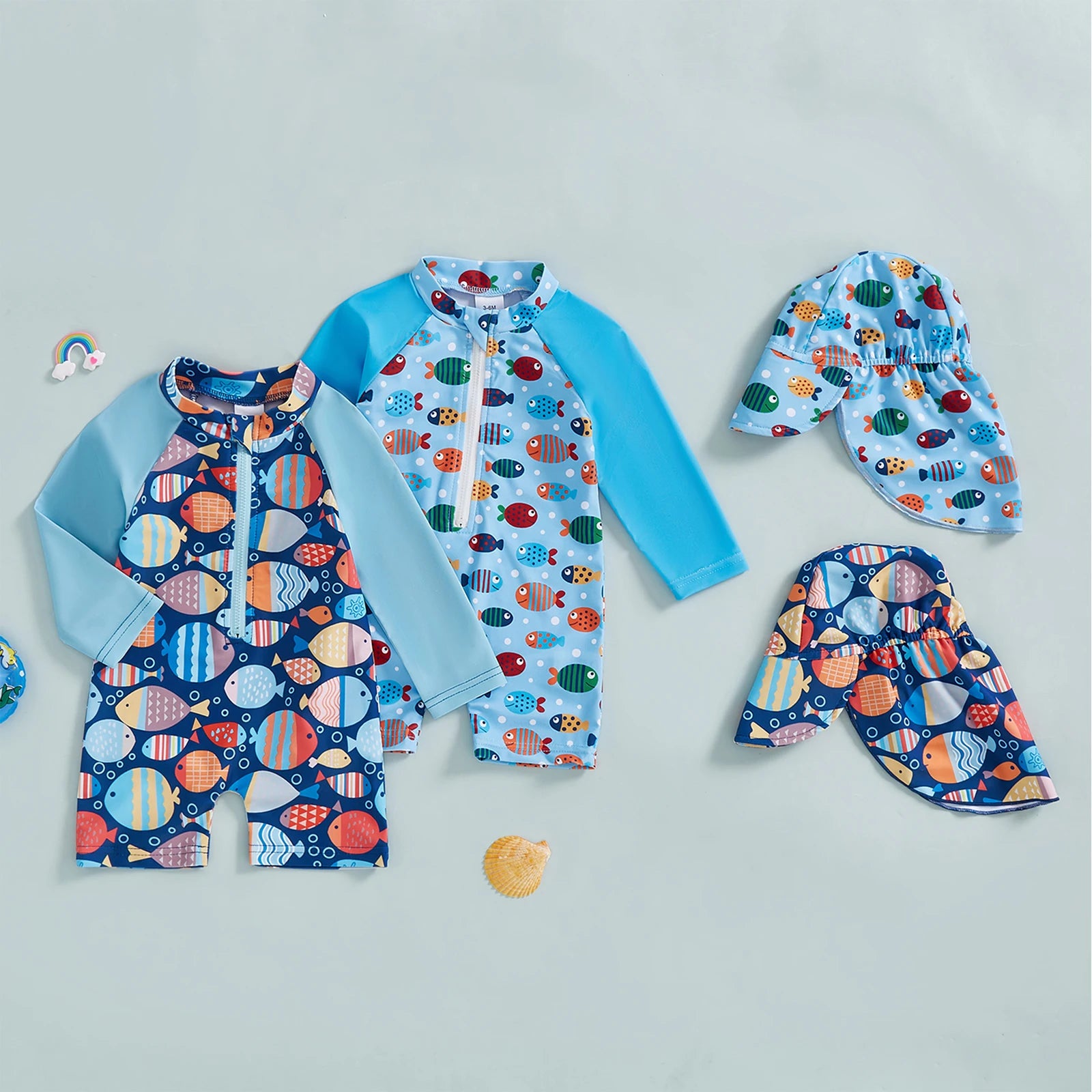 Toddler Swim Set – Long Sleeve Fish Print Suit with Hat