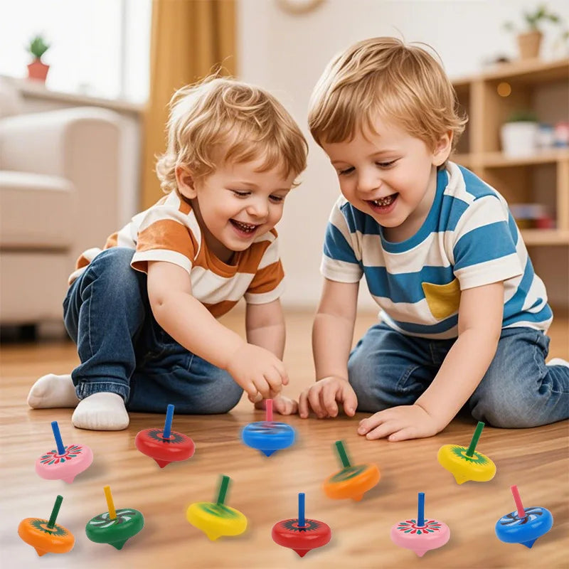 12/24pcs mini wooden spinning tops – fun finger toys for kids’ party favors.