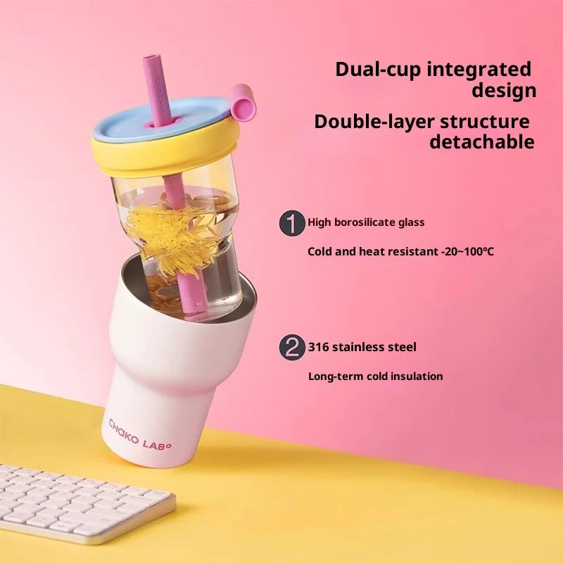 Chakolab Large Capacity Dual Enjoyment Cup High Aesthetic Coffee Cup Portable Detachable Winter Insulated Cup Water glass