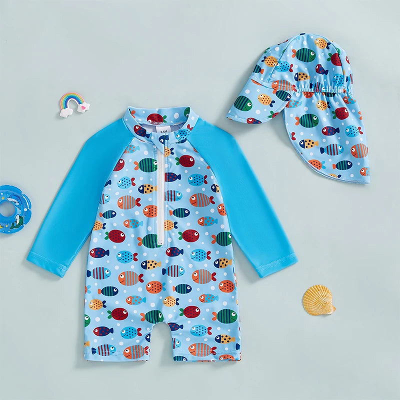 Toddler Swim Set – Long Sleeve Fish Print Suit with Hat