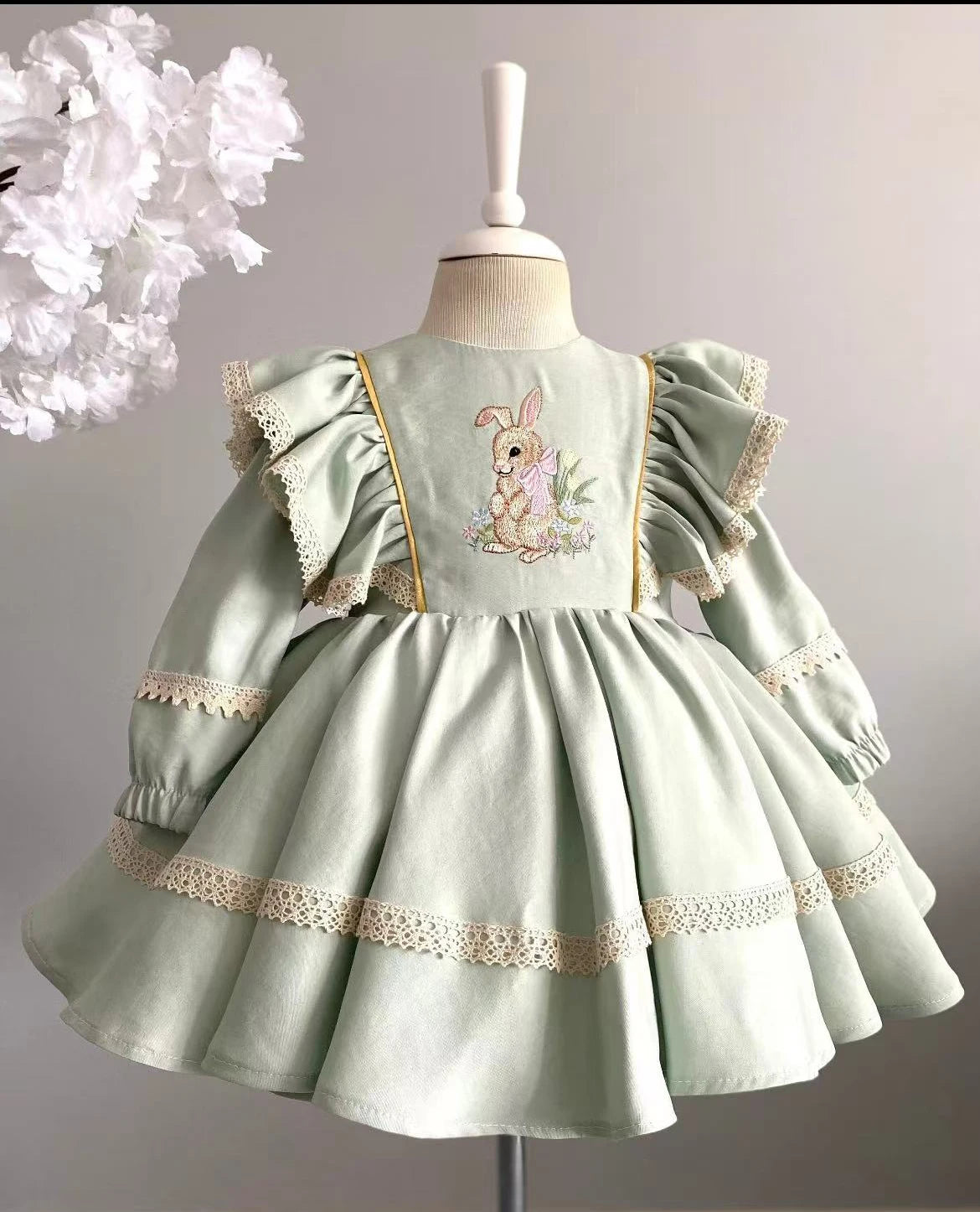 Baby Girl Green Rabbit Embroidered Princess Dress , Elegant princess style for spring & summer