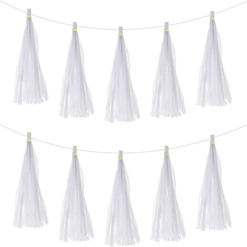 Pastel macaron balloons with paper tassel garland for parties and celebrations.